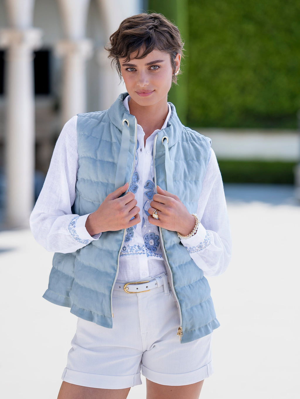 Krista Linen Ruffle Down Vest