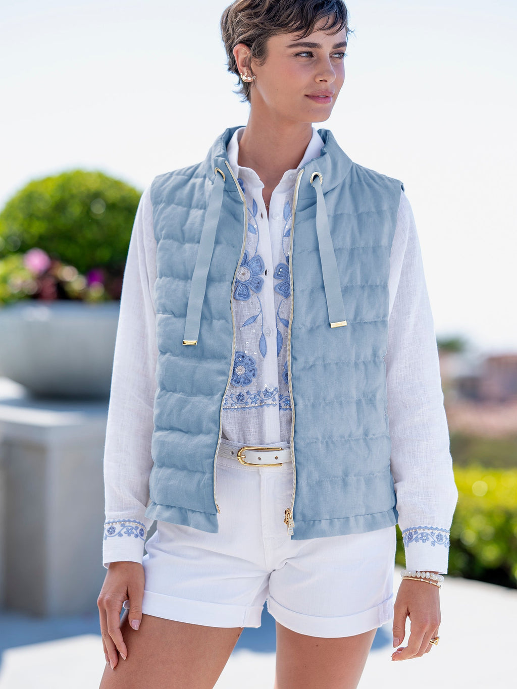 Krista Linen Ruffle Down Vest
