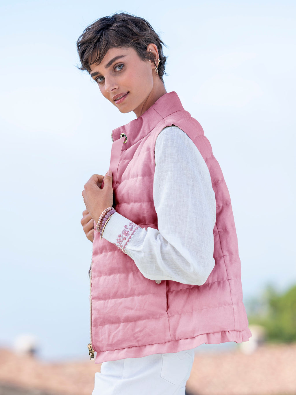 Krista Linen Ruffle Down Vest