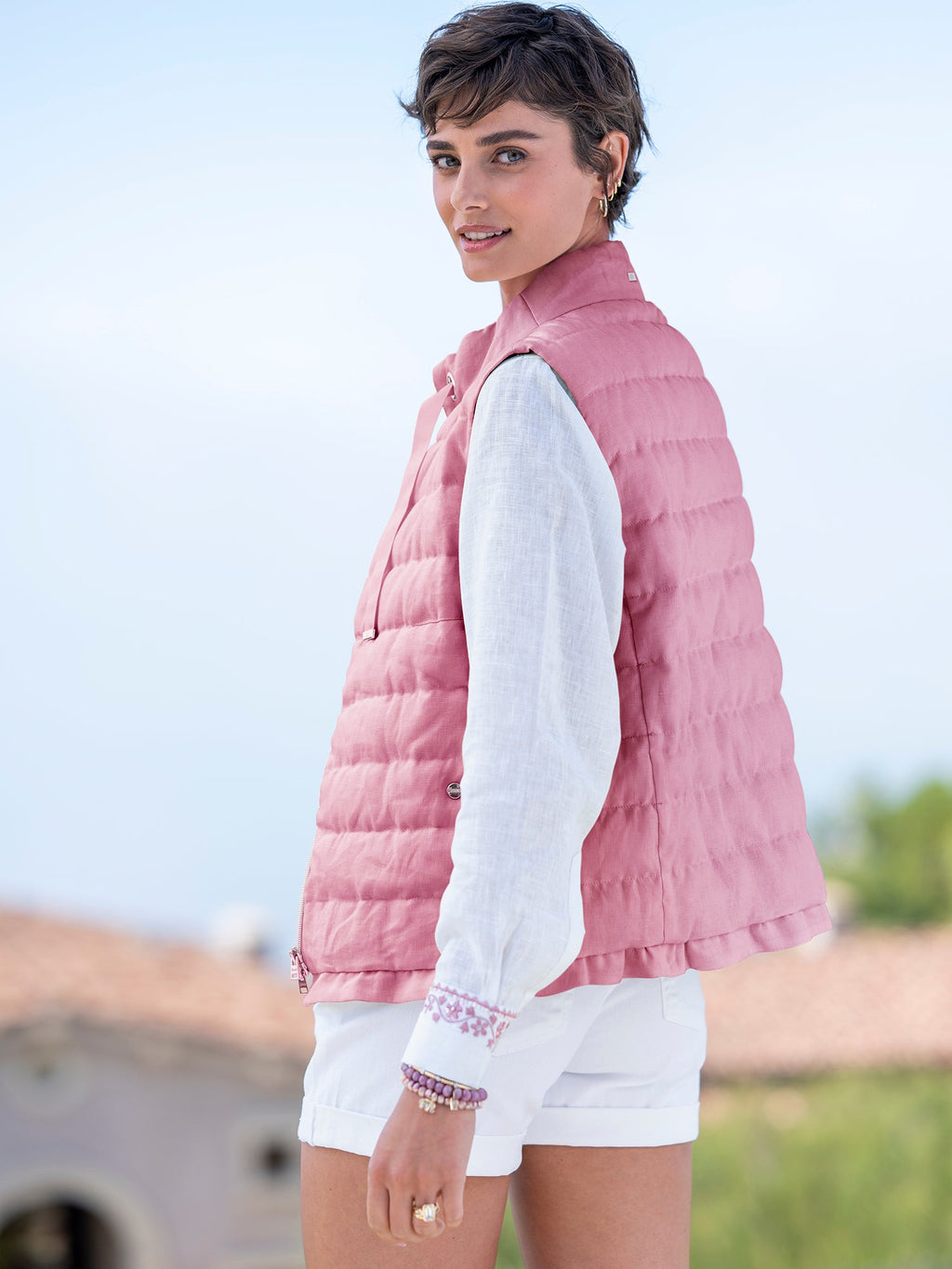 Krista Linen Ruffle Down Vest